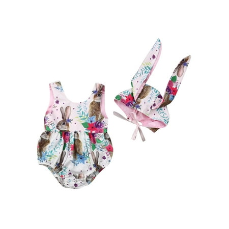 

2Pcs Infant Newborn Baby Girls Easter Casual Romper Sleeveless Floral Print Bunny Ear Playsuit with Cartoon Hat Streetwear
