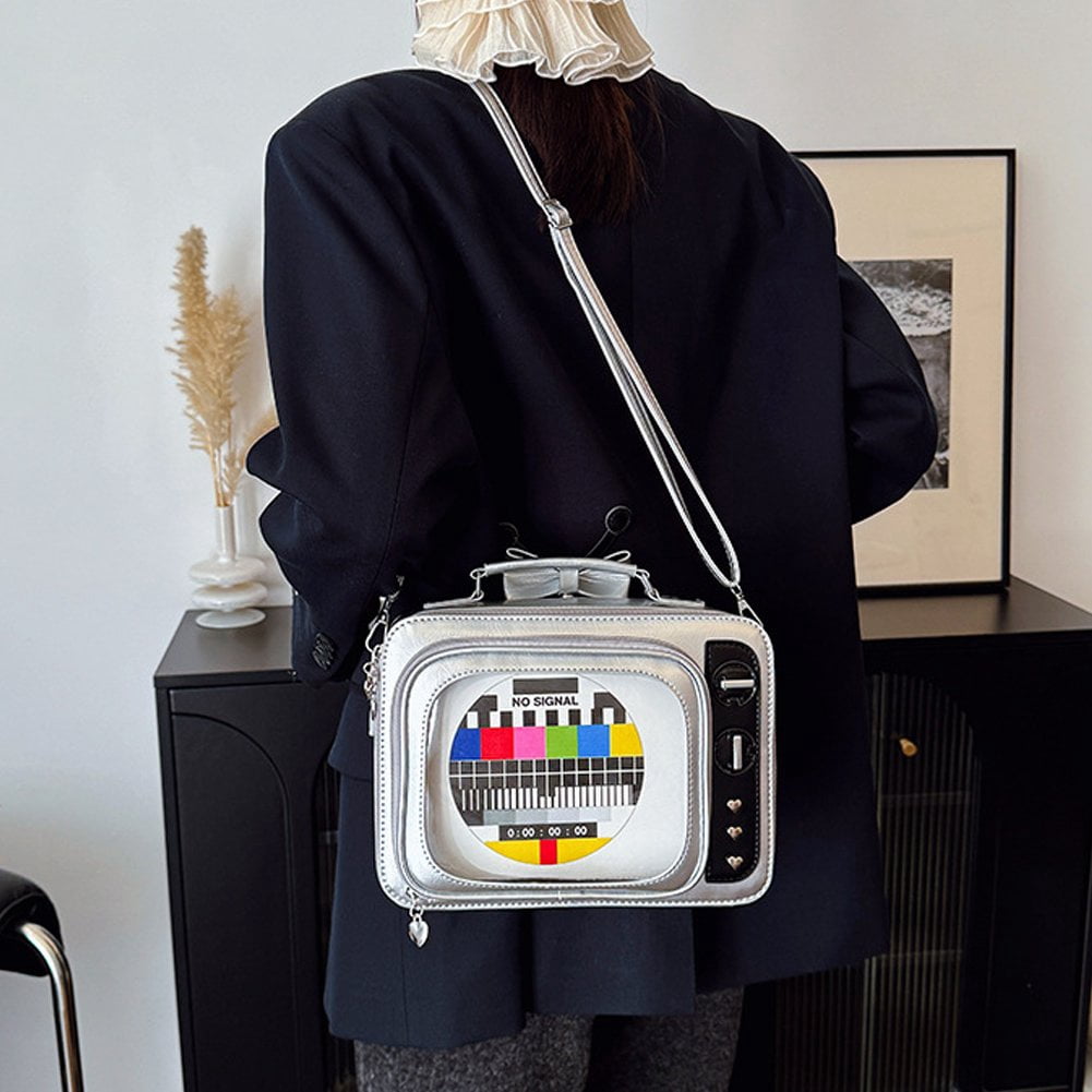 Vjnyvs TV Shape Ita Bag Retro Backpack PU Leather Shoulder Crossbody Bag Cute Transparent Backpack Daypack Rucksack Bag for Women, Gi