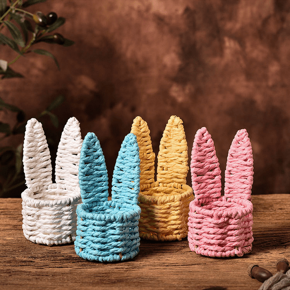 Twfbrm Easter Bunny Woven Basket, Easter Decorations, Handmade Wicker Storage Basket with Rabbit Ears, Reusable Empty Easter Egg Basket Small Decorative Bucket Candy Snack Container for Party Favor