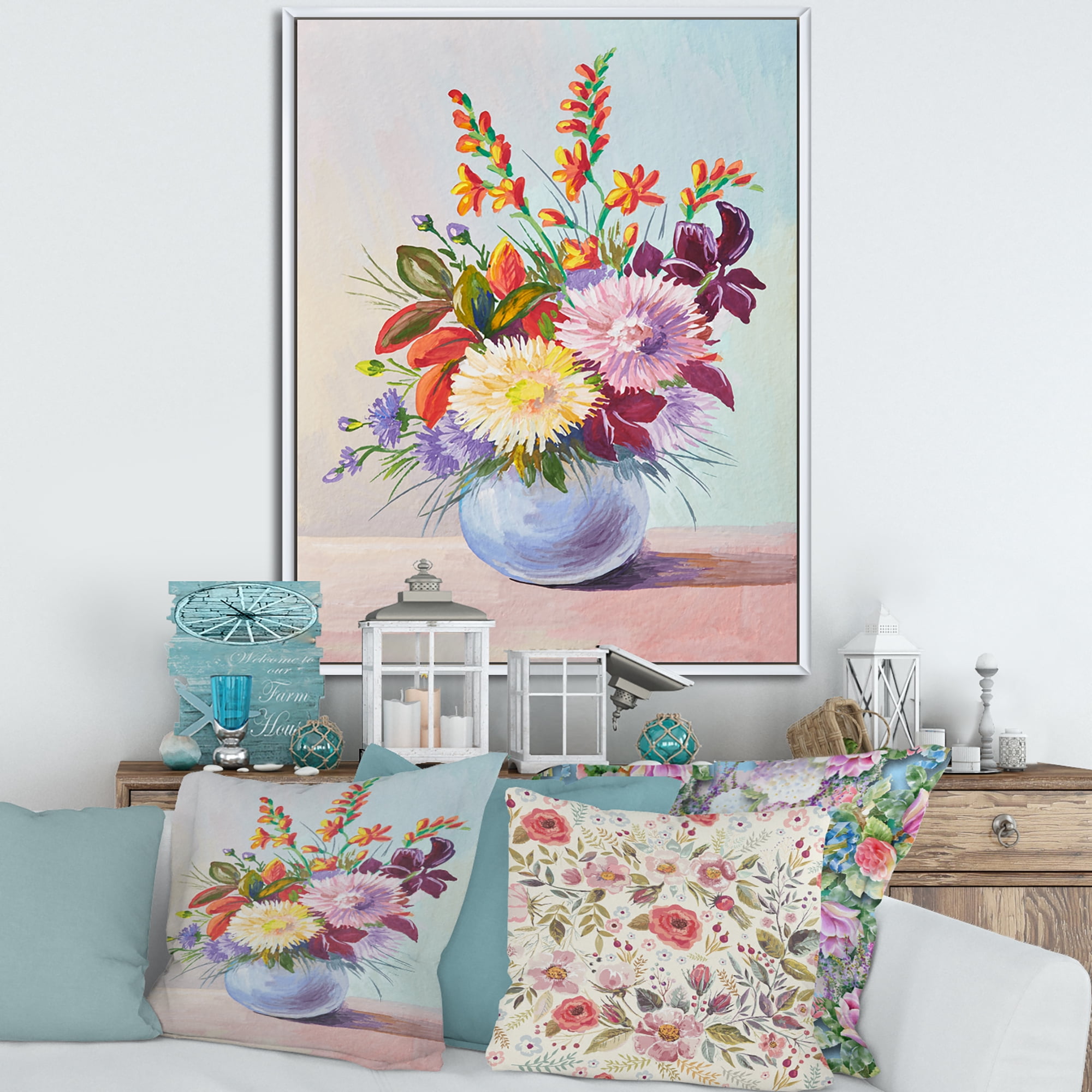 Still Life With Asters On Colorful Flowers In Vase 16 in x 32 in Framed Painting Canvas Art Print, by Designart