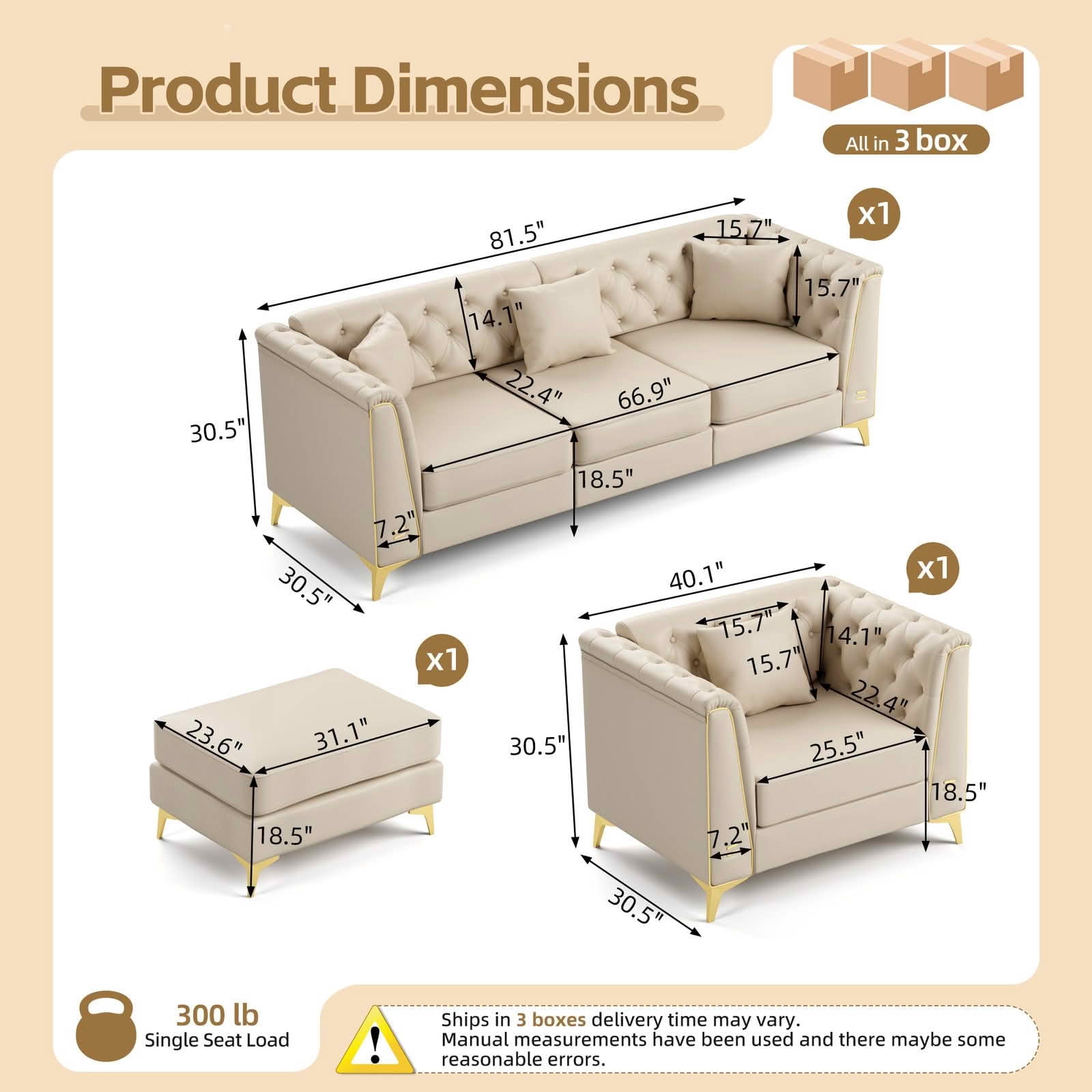 MAYEERTY Light Luxury Modular Chesterfield Sofa Combination, Faux‑Leather Sectional with Button Tufting, Metal‑Trim Armrest & Slim Metal Legs, 4 Pillows Included