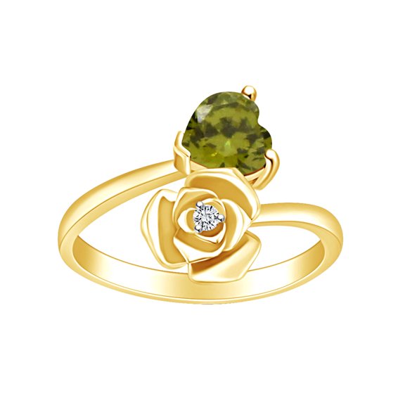 AFFY Heart Shape Simulated Peridot & White Cubic Zirconia 14k Yellow Gold Over Sterling Silver Promise Ring