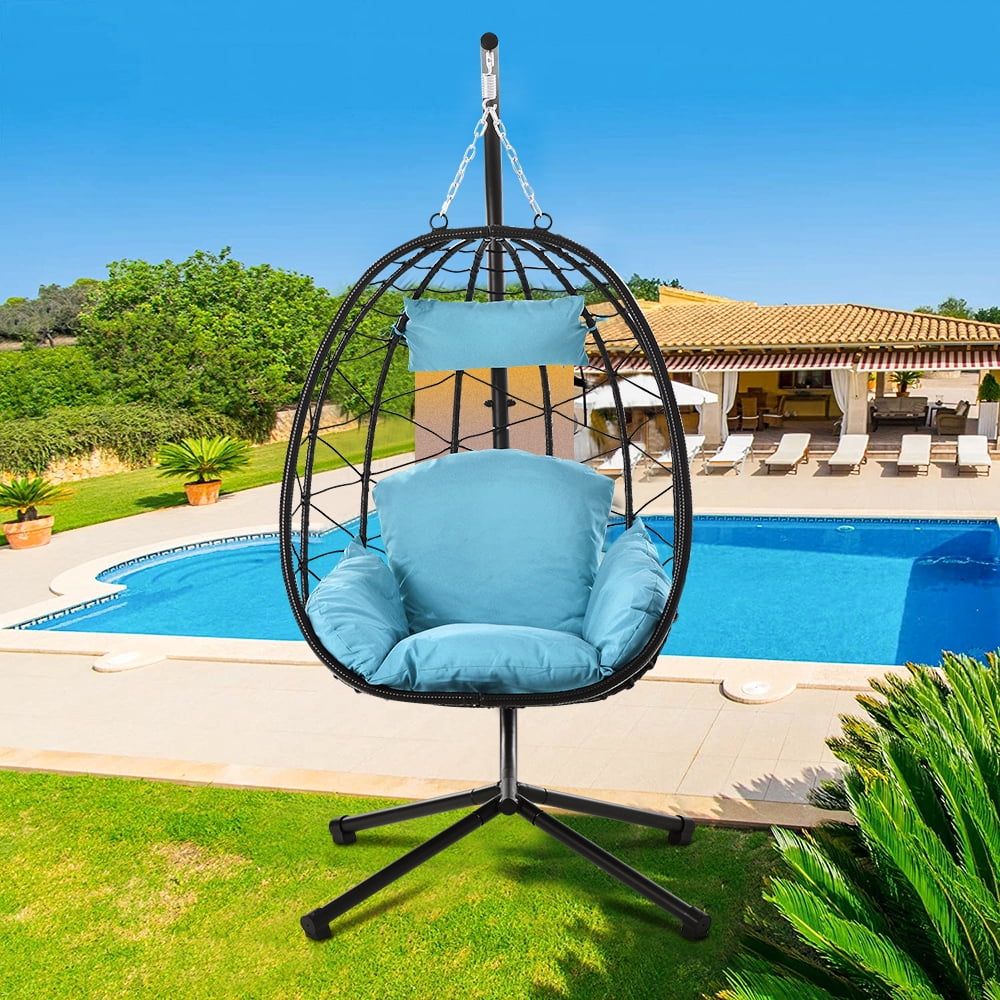 Hanging Wicker Egg Chair with Stand and Blue Cushion, Heavy Duty Steel