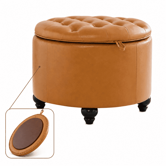 24" Round Storage Ottoman with Tray, Modern Tufted Leather Coffee Table Ottoman with Hidden Storage and Removable Top, Upholstered Round Ottoman for Living Room, Bedroom and Home, Brown
