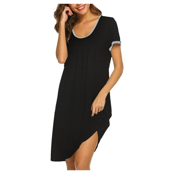 asdoklhq Womens Plus Size Clearance Dresses,Women's Casual Solid Pleated Round Neck Patchwork Nightdress Dress