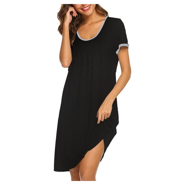 Robe Femme Femme Tunique Unie Robe de Nuit Patchwork Décontractée Plissée Ronde Robe Unie Mode Col Femme Femme Adulte Vêtements Femme Noir Taille m