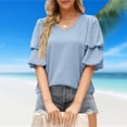 thumbnail image 1 of Blusa De Manga Corta Camiseta casual de manga doble abullonada de color sólido con cuello en V de verano para mujer (azul claro M) Ygjytge para Mujer azul claro T M, 1 of 7
