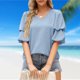 thumbnail image 3 of Camiseta casual de manga doble abullonada de color sólido con cuello en V de verano para mujer (azul claro M) FLhrweasw Para estrenar, 3 of 8