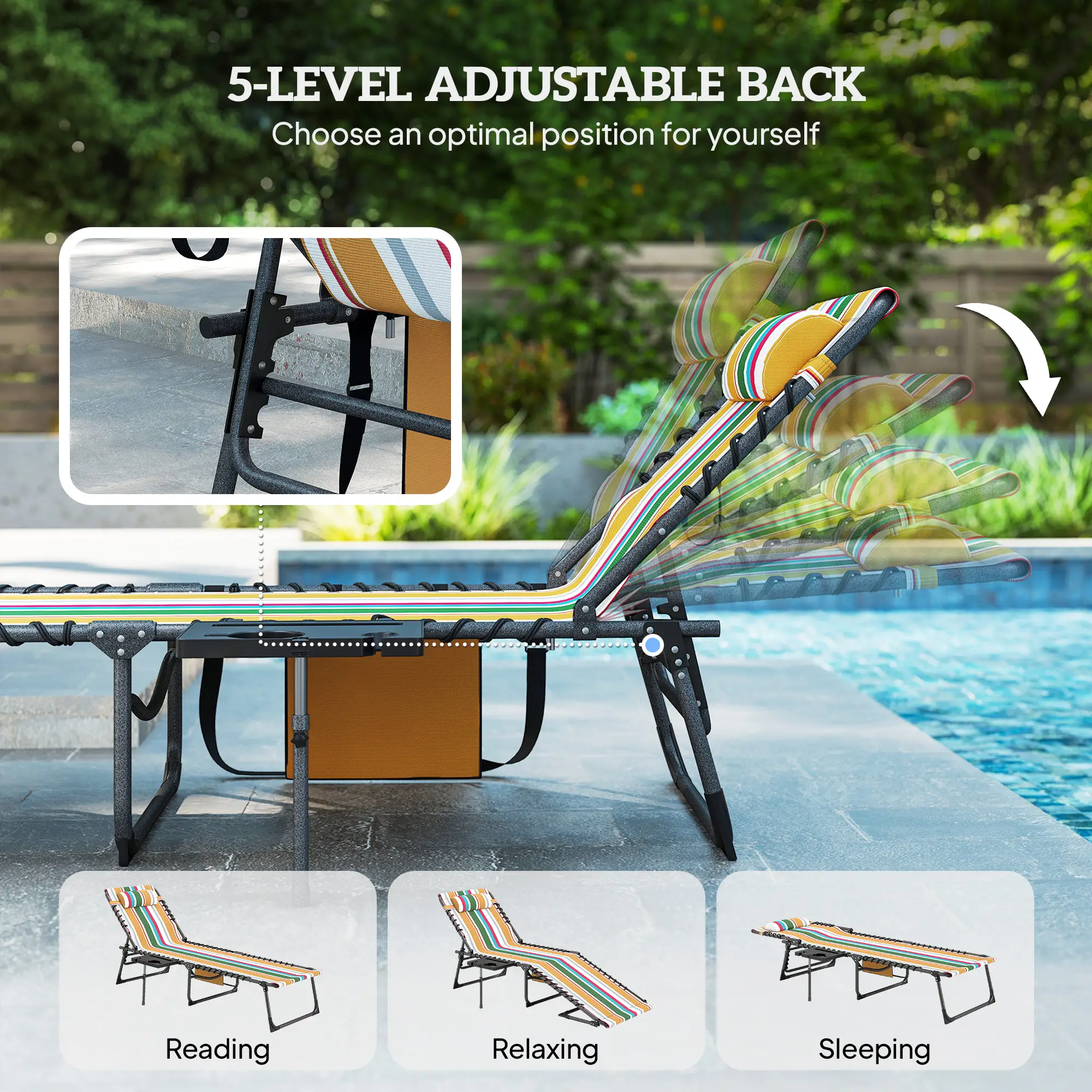 Outdoor Folding Sun Lounger 5-Position Adjustable Recliner with Padded Head Pillow Side Pocket & Tray Table 600D Oxford Fabric Heavy-Duty Pool Beach Chair
