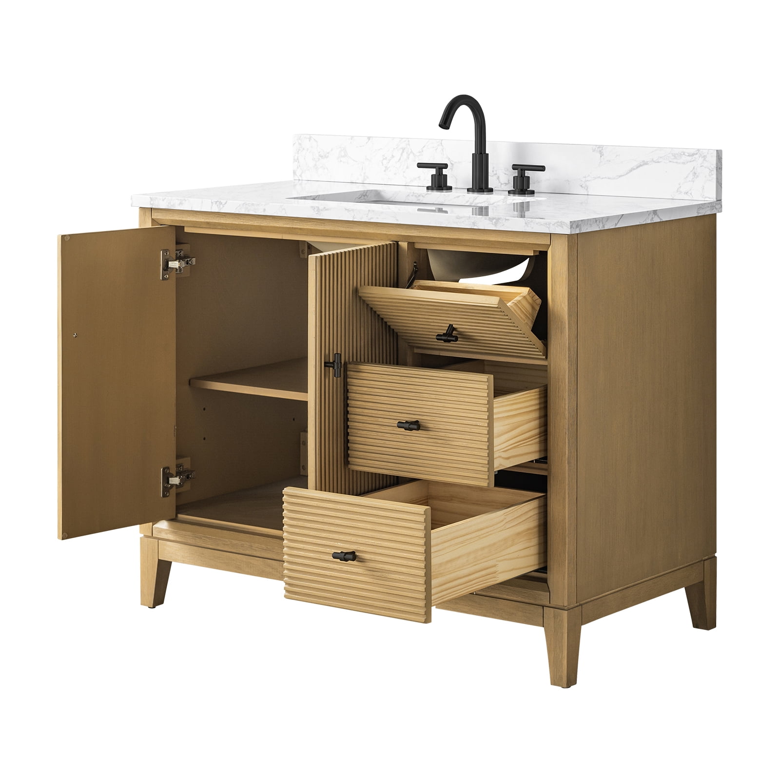 Vanity Art 42" Bathroom Vanity with Sink and Engineered Marble Top, Freestanding Storage Cabinet with 2 Drawers, 1 Shelf and Flip Down Tray