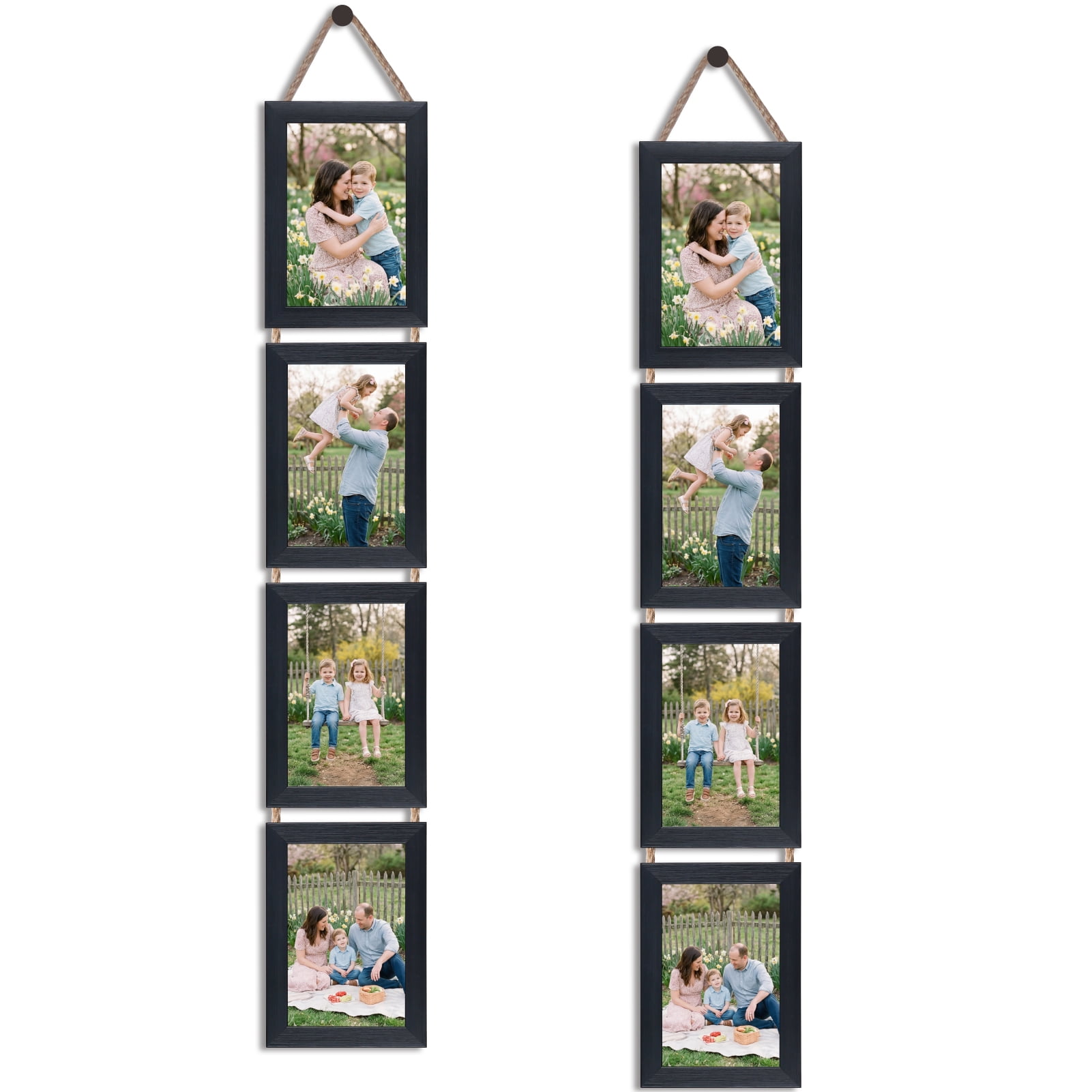 4x6 Hanging Picture Frames Collage, 4 Tier Vertical Rope Wall Decor, Black