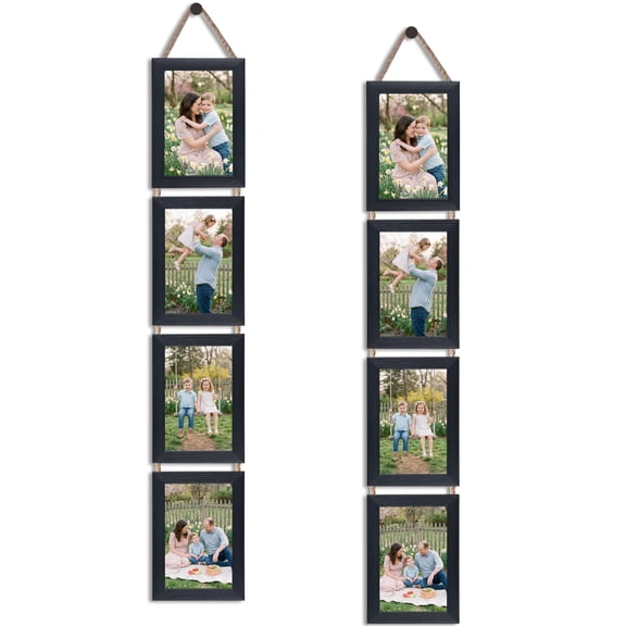 4x6 Hanging Picture Frames Collage, 4 Tier Vertical Rope Wall Decor, Black