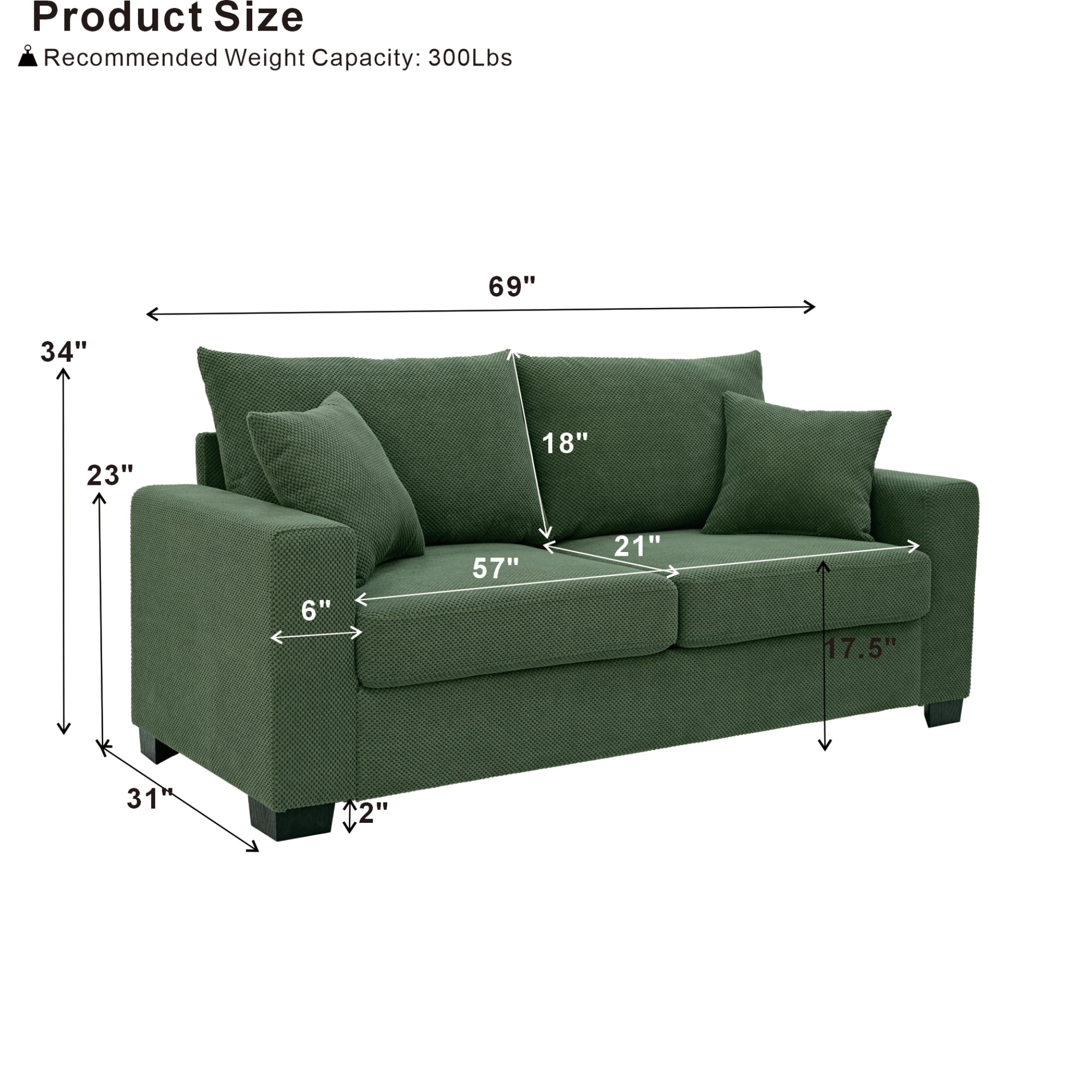 Leumius 69" Sofa for Living Room,Modern 2 Seater Couch for Small Space,Upholstered Loveseat with 2 Throw Pillows,Dark Green