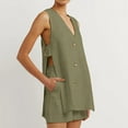 thumbnail image 2 of Women's Oversized Linen Set, Summer Breathable Casual V Neck Button Down Vest + Elastic Waist Shorts, 2 of 5