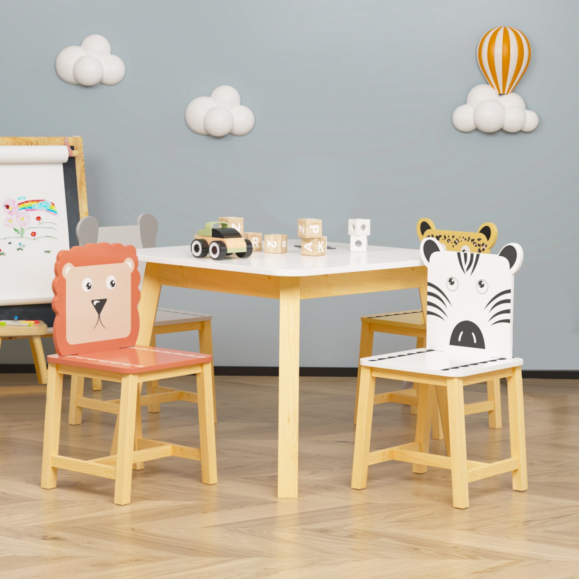 5 PCs Kids Table And Chair Set Solid Wood Table Chairs Cartoon Animals Design For Living Room Dining Room Kindergarten
