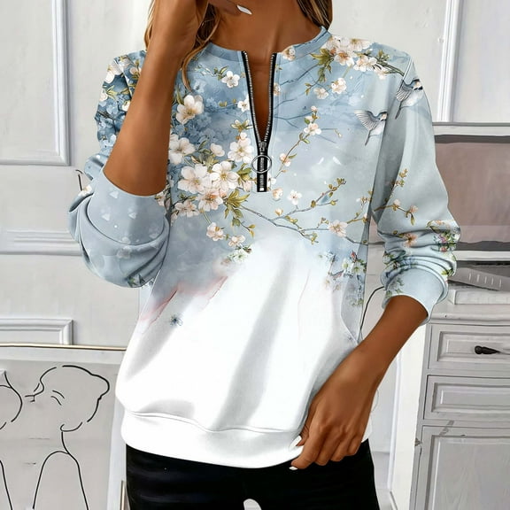 SYMOID Womens Half Zip Sweatshirt - Floral Bird Print Gradient Blue White 100% Polyester Casual Chic with Ribbed Cuffs S-XXL Multicolor,Size XL