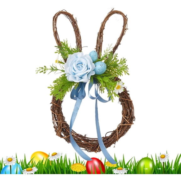 Pekkaxy Easter Bunny Wreath with Bow, Cute Spring Holiday Decoration, Indoor Outdoor Door Wall Decor, Home, Porch, Garden, Office, Cafe, Festive Gift