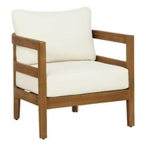 Linon Seacrest Slat Back Club Chair with Beige Cushions in Brown Acacia Wood