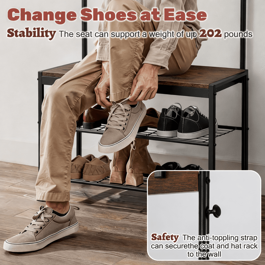 ZIVACATE Coat Rack, Hall Tree with Shoe Storage Bench, Entryway Bench with Shoe Storage, 4-in-1, Steel Frame, for Entryway, 28.35 x 13.27 x 72.05 in,Brown