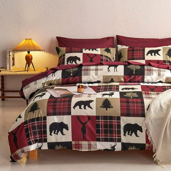 Wake In Cloud Rustic Comforter Set, Cabin Christmas Farmhouse Western Lodge Woodland Wildlife Patchwork RV Outdoor Theme, Soft Lightweight Bedding, Piece, Burgundy , Queen Size