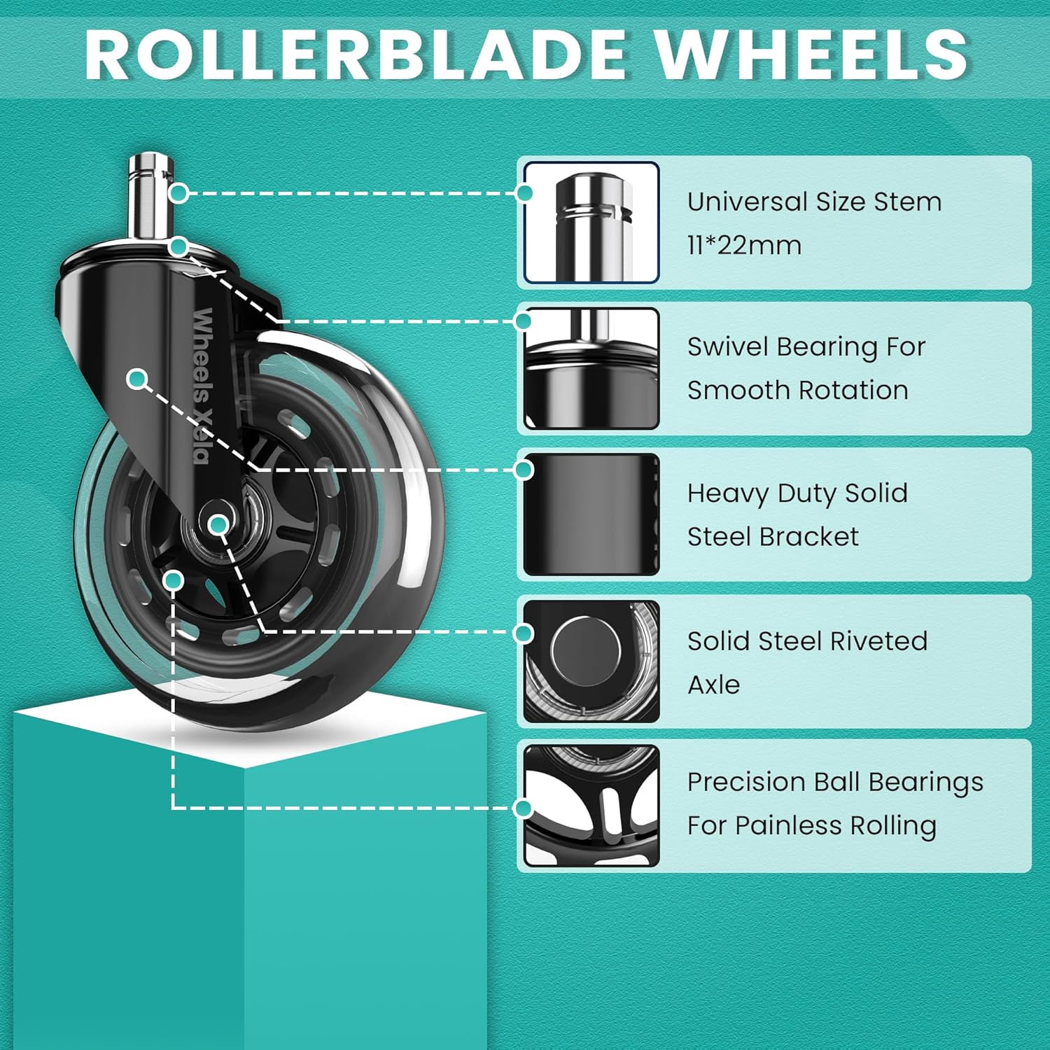 Office Chair Wheels Set of 5, Noiseless & Scratchless for Carpet & Wood Floors