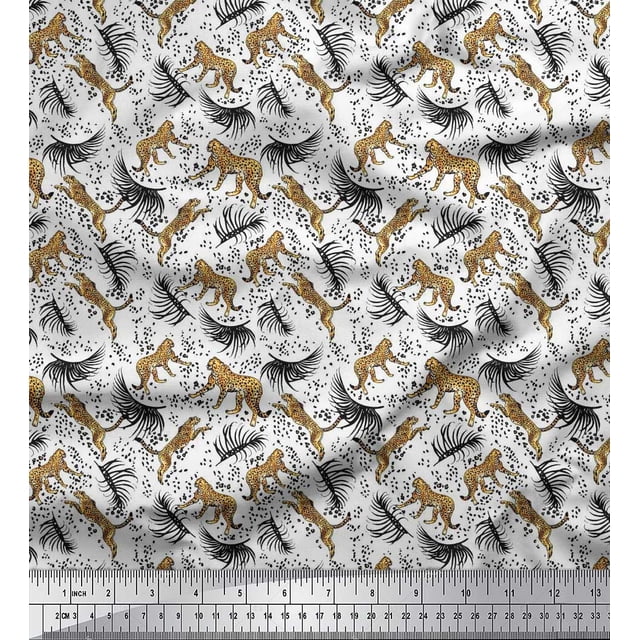 Soimoi Polyester Crepe Fabric Leaves & Leopard Animal Printed Fabric 1 Yard 52 Inch Wide
