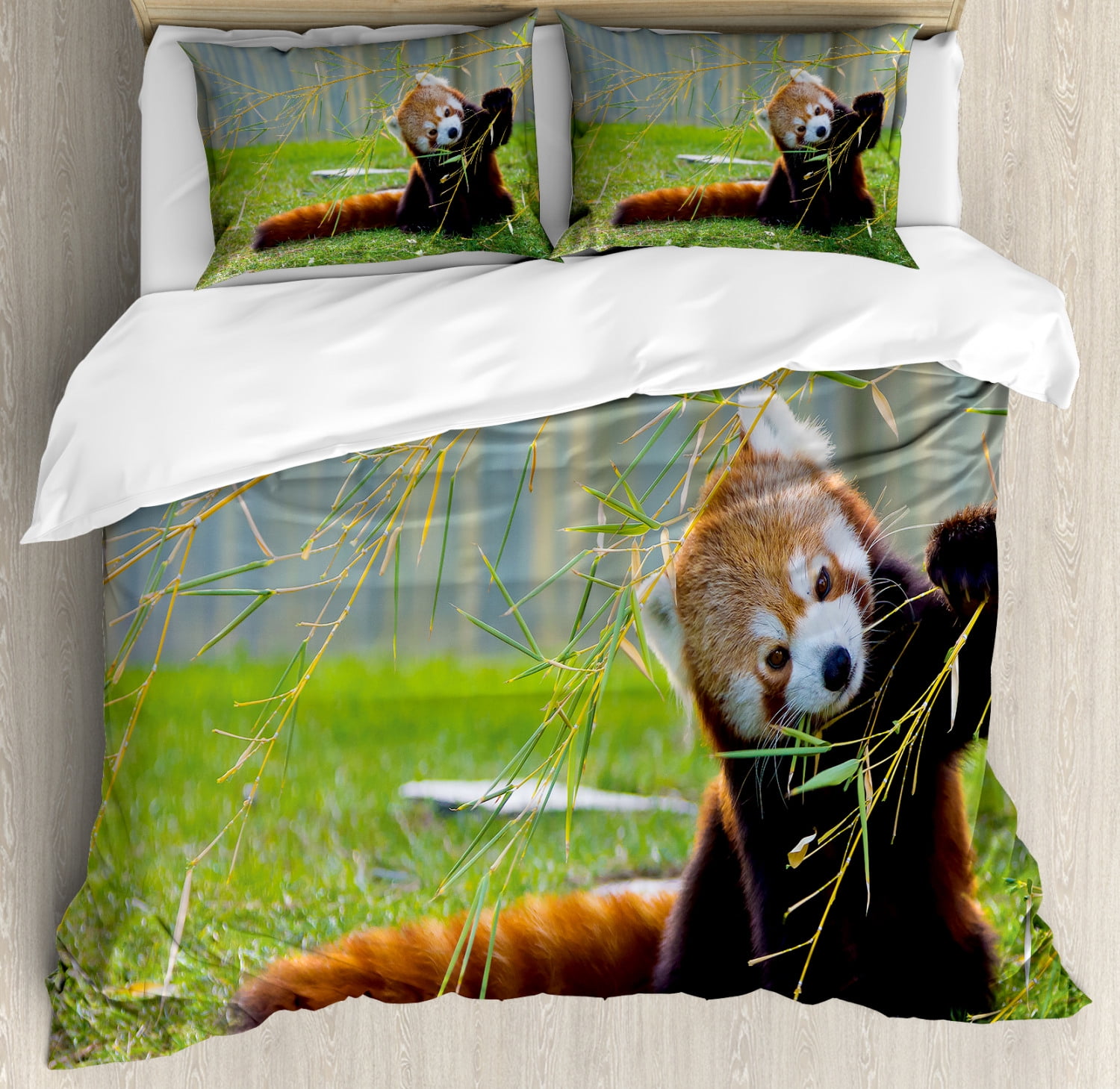 Africa Duvet Cover Set King Size, Cute Red Panda on the Field Playing with Bamboo Branches