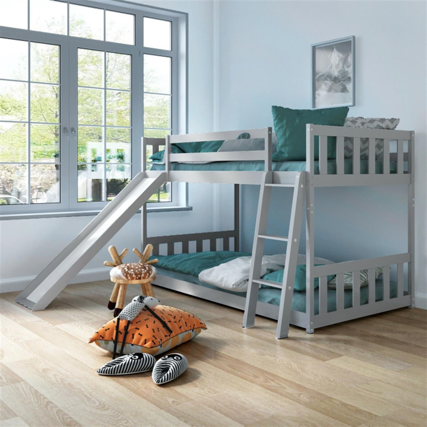 Demi Bonn Twin Over Twin Bunk Bed with High Guardrails and Slide Ladder, Twin Bunk Solid Wood Low Beds, Bed Frame, Gray