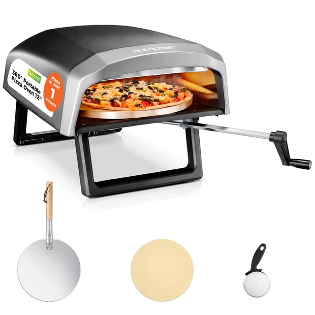 Nutrichef Outdoor Pizza Oven - Manual 360° Rotating Pizza Stone - Adjustable Heat - Includes Pizza Peel, Pizza Cutter, Stone, Cover, & Hose - Cook 12 Pizza in 60 Seconds - Long Handle