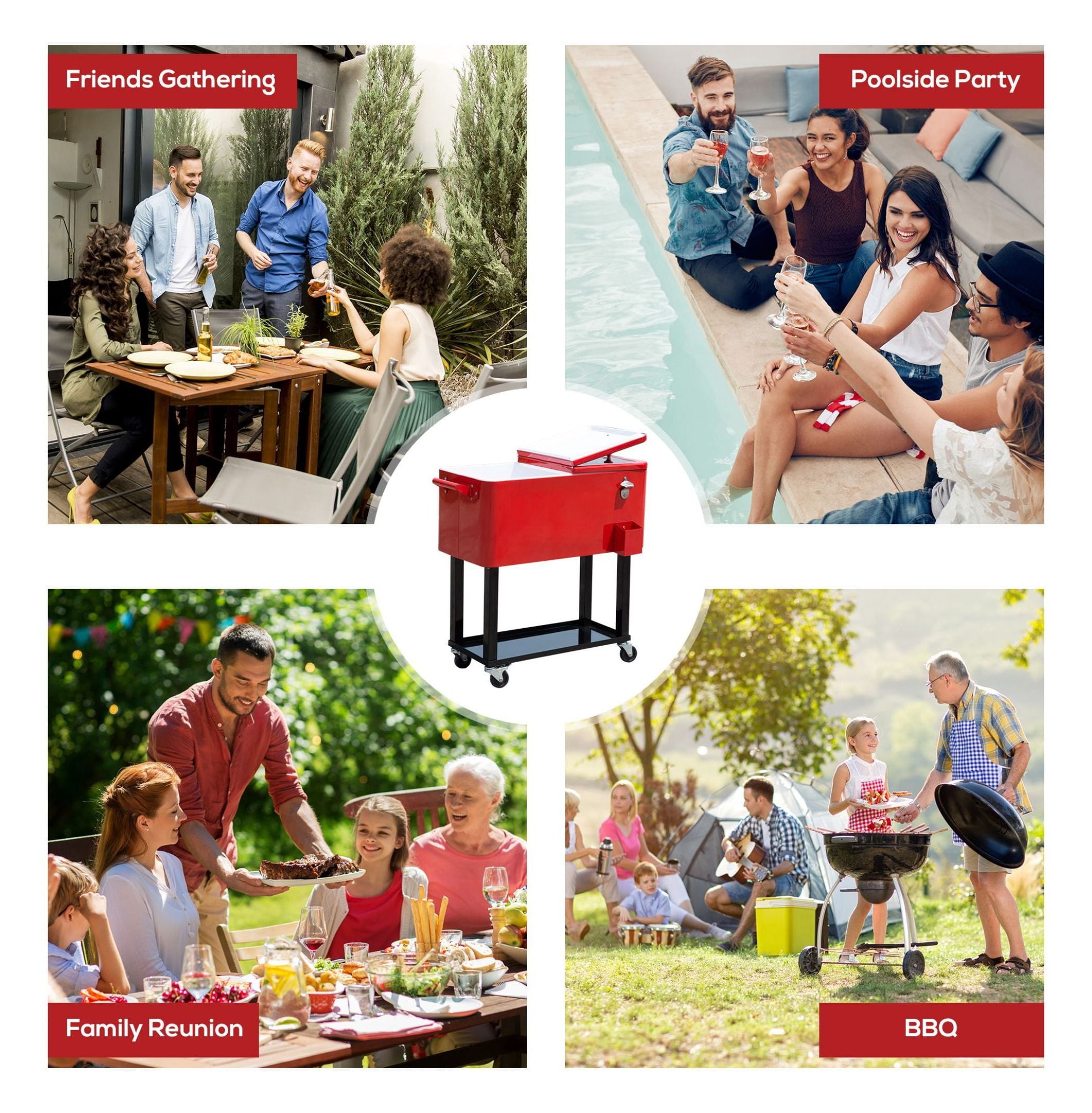 80 QT Rolling Cooler Cart, Red Ice Chest on Wheels for Parties & Outdoors