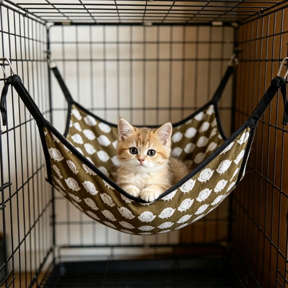 Brown Hanging Cat Hammock 20x16 Inches, Breathable Cage Lounger Bed with Cooling Gel, Foldable Suspension Pet Bed for Indoor Crate Sofa Floor Use