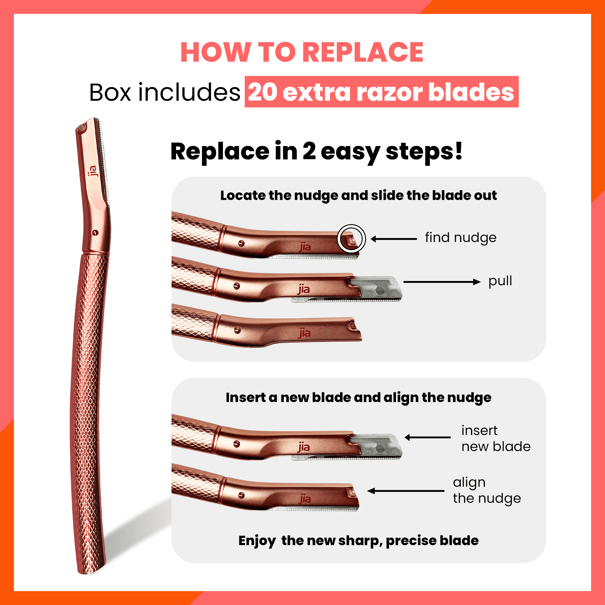 jia Dermaplane Facial Razor in Rose Gold, Includes 20 Extra Blades
