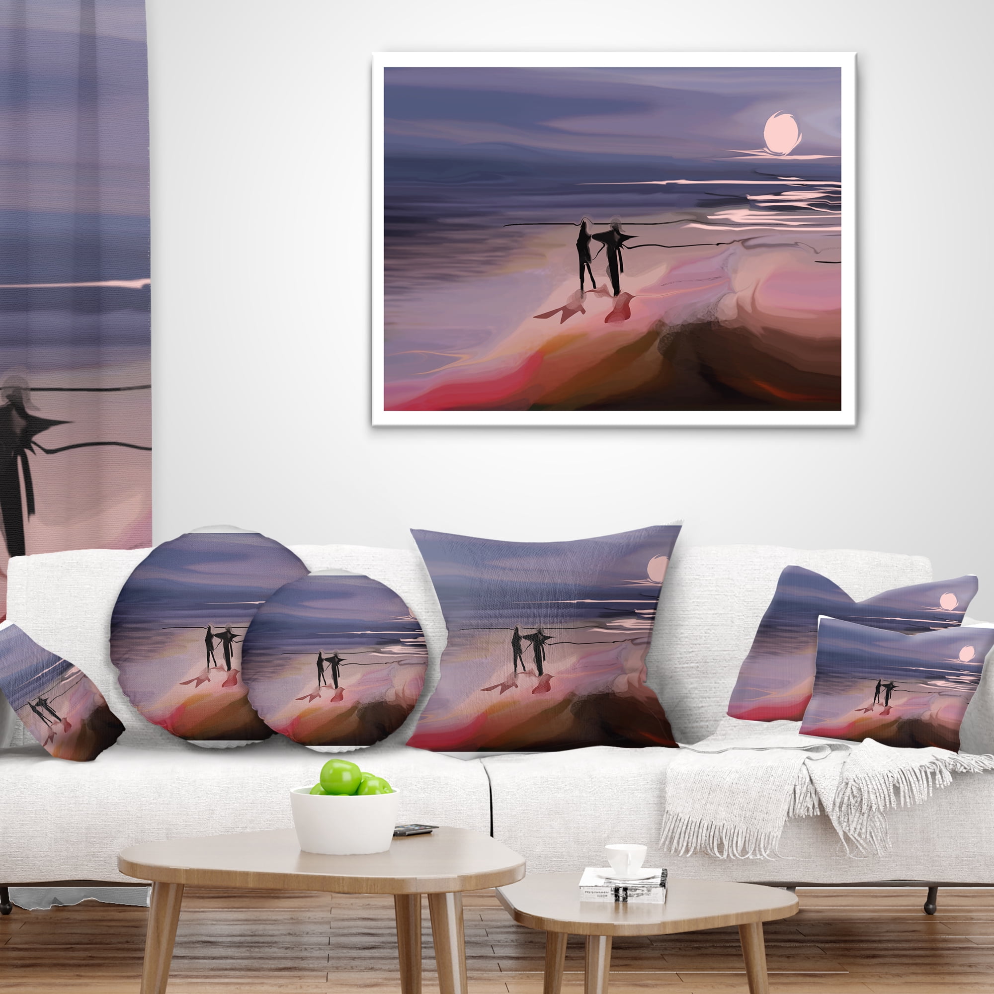 Designart Couple Walking near Ocean at Night - Seashore Photo Throw Pillow - 18x18