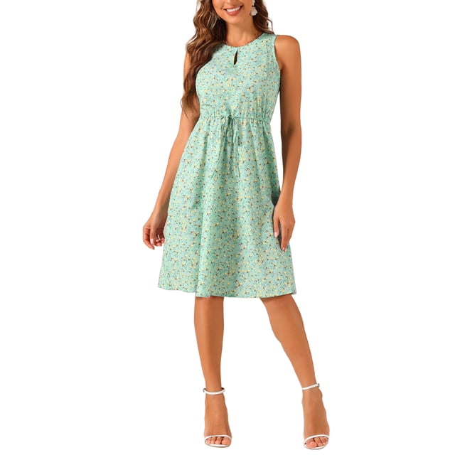 Vestido midi sin mangas de corte A con cuello en forma de llave y cintura ajustable, estampado de flores pequeñas, color verde claro, talla S