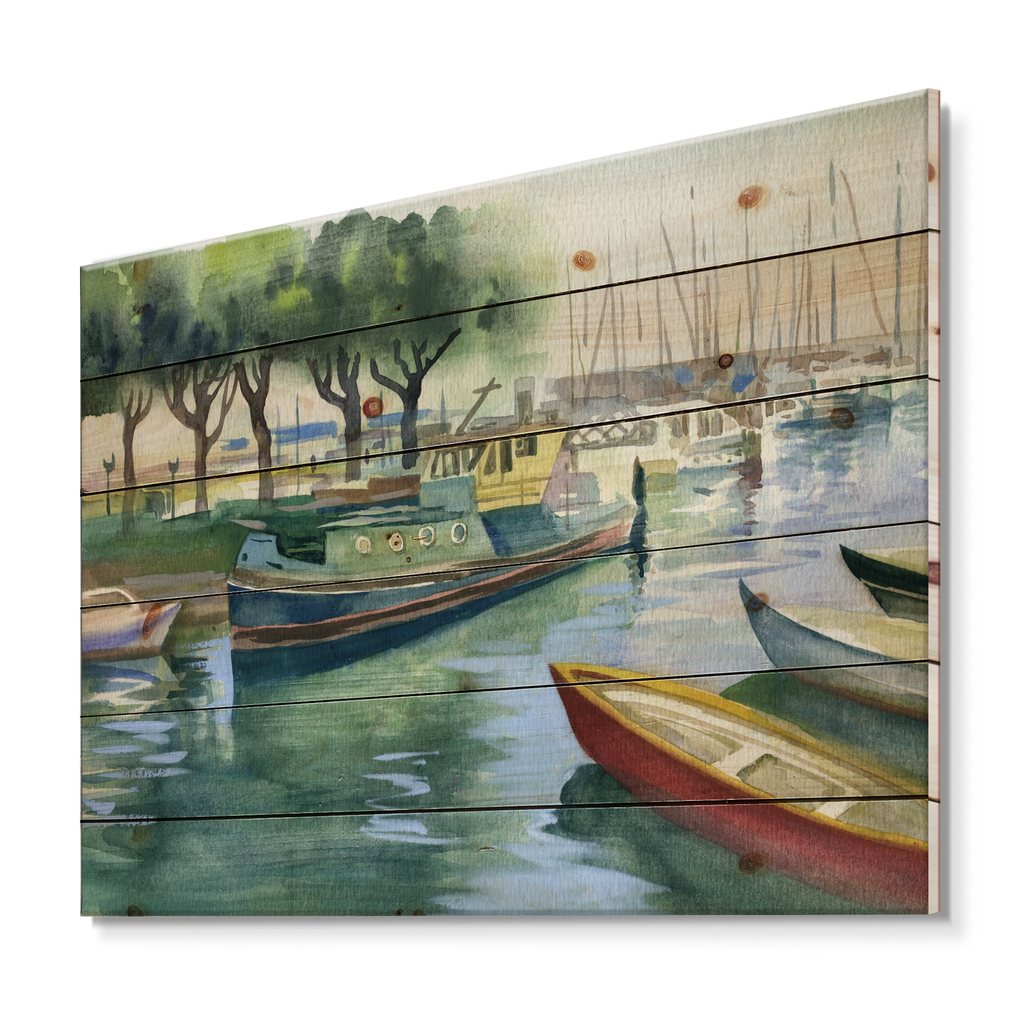 Designart 'Boats At The Lake in Green Spring' Traditional Print on Natural Pine Wood