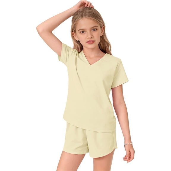 EnJoCho Girls 2 Piece Summer Outfits Tween Short Sleeve V Neck T Shirt Elastic Waist Shorts Matching Set Pockets Casual Beach Sets