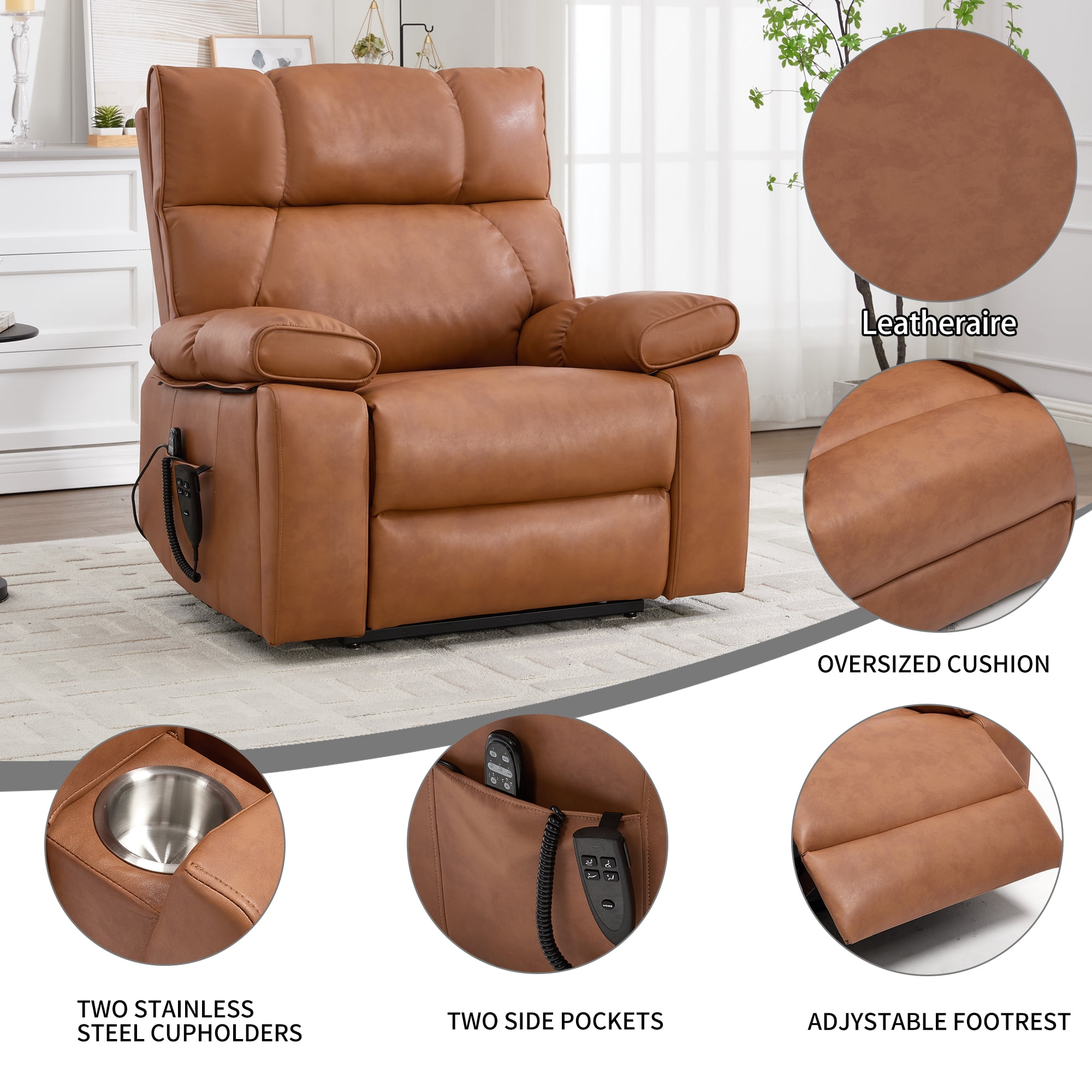 Leumius Large Electric Power Lift Recliner Chair for Elderly,23.5" Extra Wide Seat Recliners Single Sofa with Vibration Massage and Lumbar Heating,Dual Motor,Infinite Position,Orange+Faux Leather