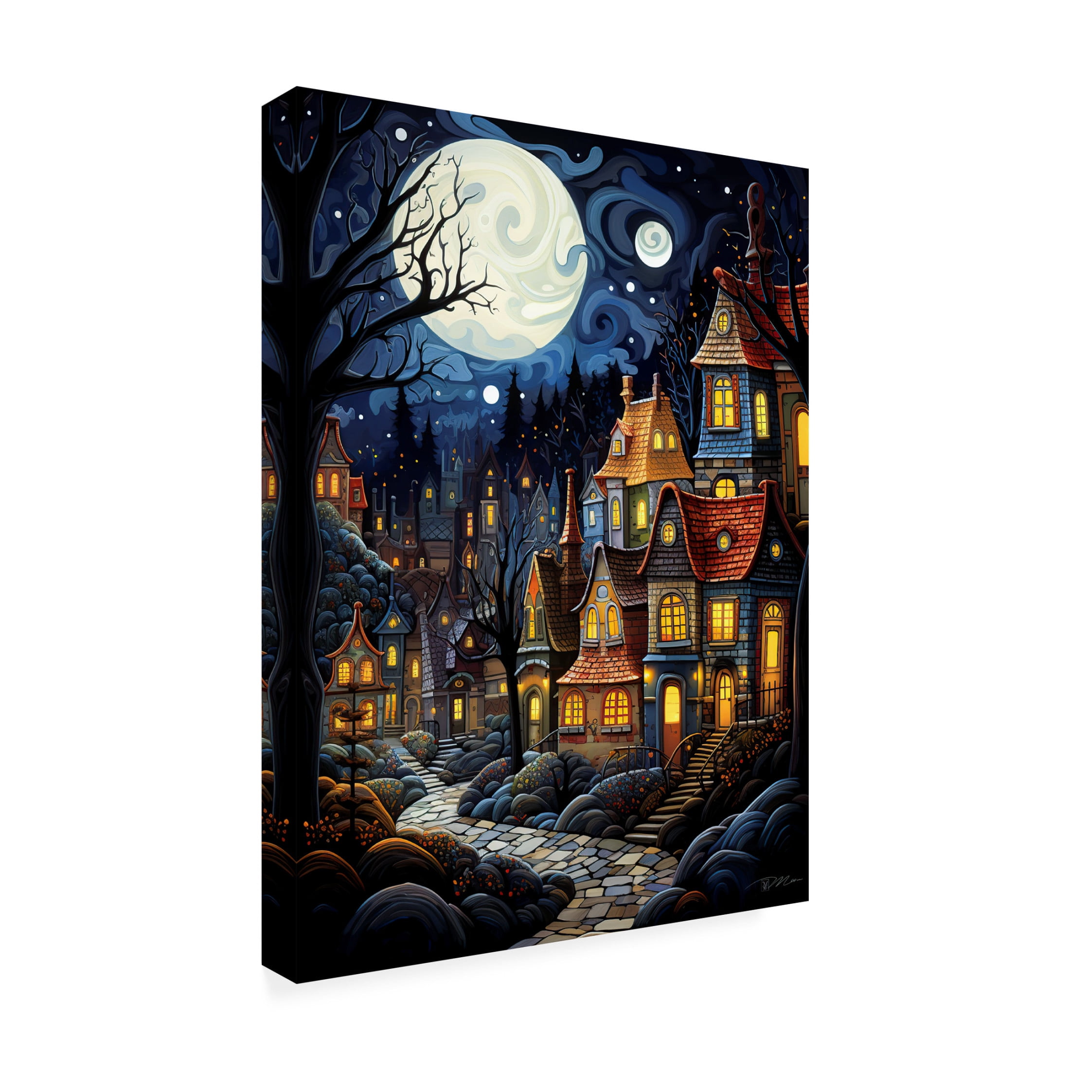 Canvas Wall Art - Momart 'Serene Village Under The Moon 3' Wall Art for Living Room, Bedroom, or Office Décor by Trademark Fine Art - 18 x 24 Inches