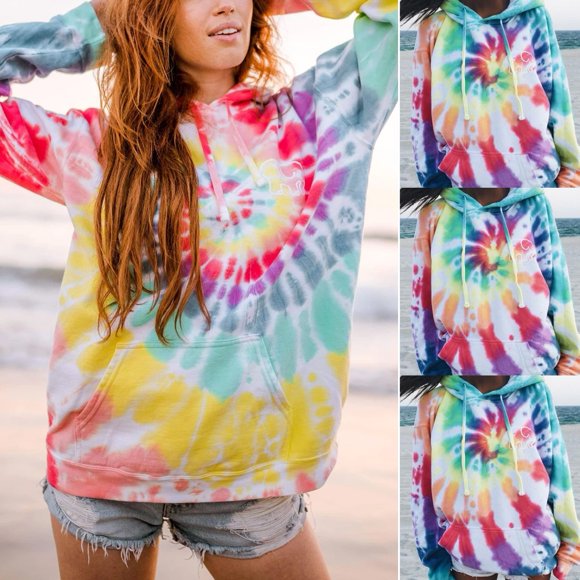 Womens Long Sleeve Hoodie Oversized Rainbow Sweatshirt Tie Dye