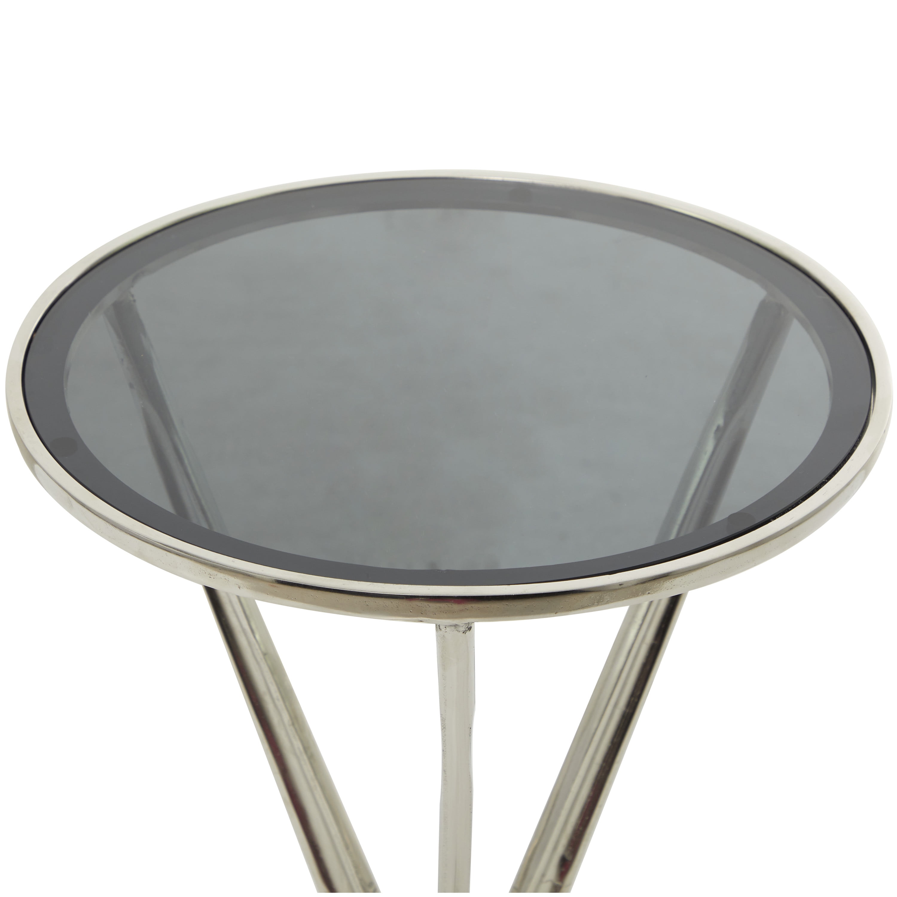 DecMode Modern Aluminum Hourglass Inspired with Round Glass Top Accent Table, 16"W x 24"H with Polished Silver and Frosted Glass Finish