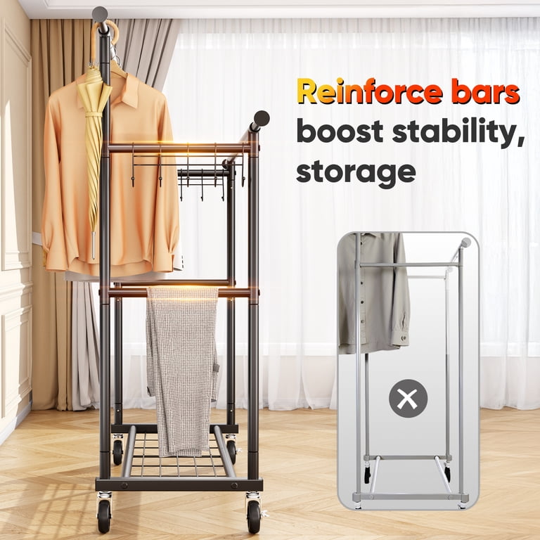HOKEEPER Kledingrek, zware kledingstang, 204 kg, wielen, dubbele stang, garderobestandaard om kleding op te hangen, draagbaar, met planken, zwart