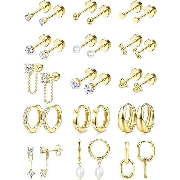 Flat Back Earrings for Women Hypoallergenic Surgical Steel Earrings for Sensitive Ears-20G Cartilage Earring Stacks 14K Gold Plated Hoops Flatback Stud Earring Sets for Multiple Piercing