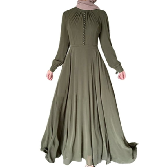 Yokua Women Muslim Maxi Long Lined Pleats Dress Belted High Waist Buttons Chiffon Abaya Kaftan Robe Flowy Swing Islamic Gown