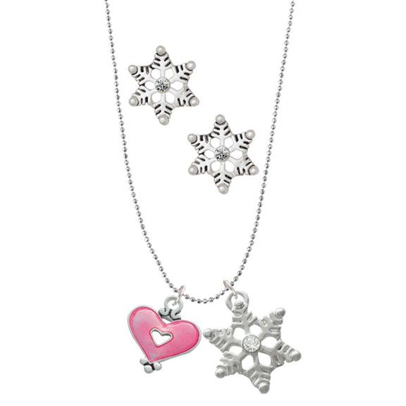 Delight Jewelry Silvertone Hot Pink Enamel Heart with Cutout Silver tone Snowflake Charm Necklace and Stud Earrings