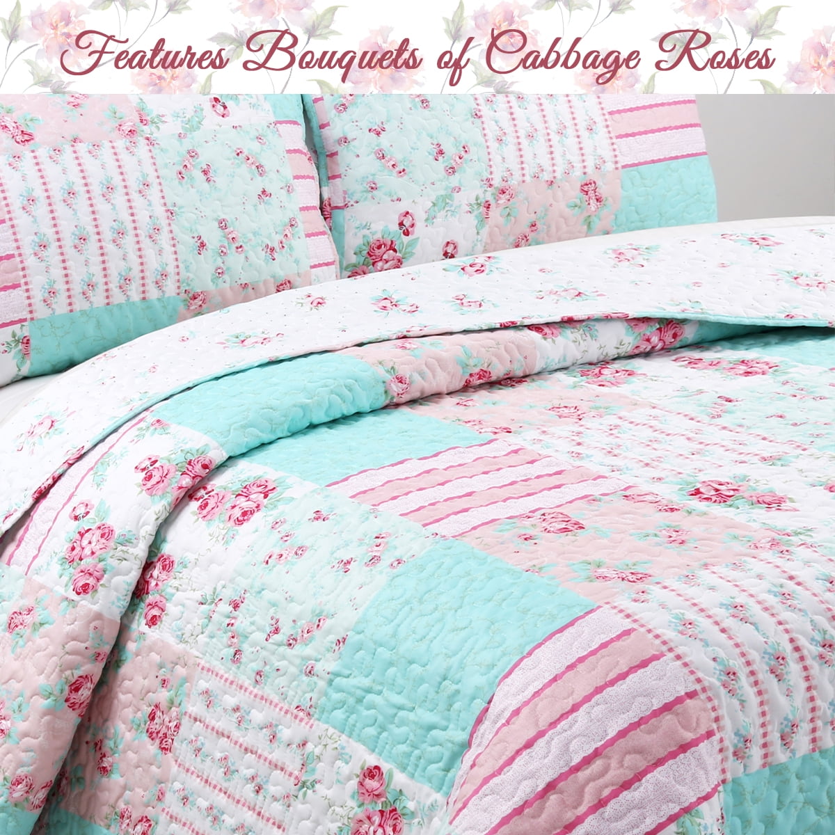 Cozy Line Pink Garden Floral Pink Blue Reversible 3-Piece Quilt Bedding Set, King Set