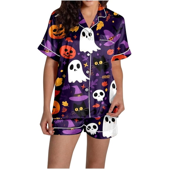 siminsem Halloween Pajama Set for Women Plus Size Pumpkin Graphic Print Short Sleeve Button Front Sleep Shirt with Comfy Elastic Waist Shorts Loungewear Pj Set, Purple,XXL