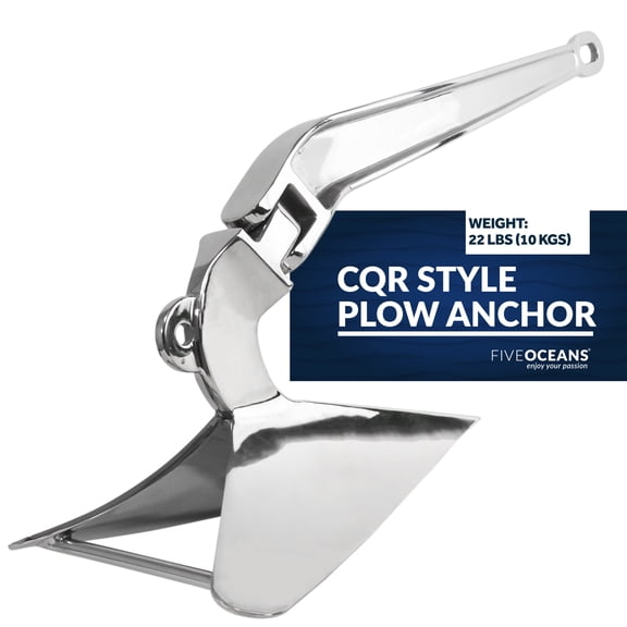 Five Oceans CQR Style Plow Anchor, 22 Lb / 10 Kg Solid High-Polished Stainless Steel Boat Anchor, for Pontoon, Fishing Boats, Bass Boats, Sport Boats, Sportyachts, Sailboats FO345