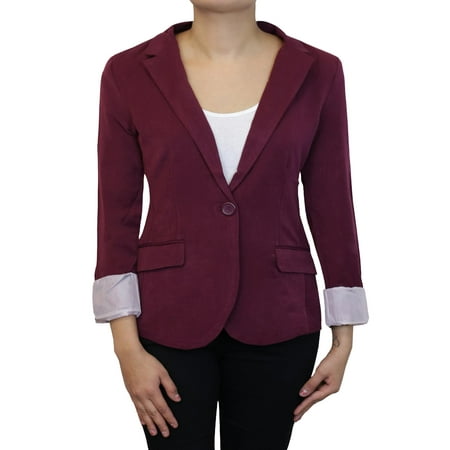 Buttoned Blazer - Made by Olivia Women's Cuffed Sleeve One Button Boyfriend Blazer Burgundy L