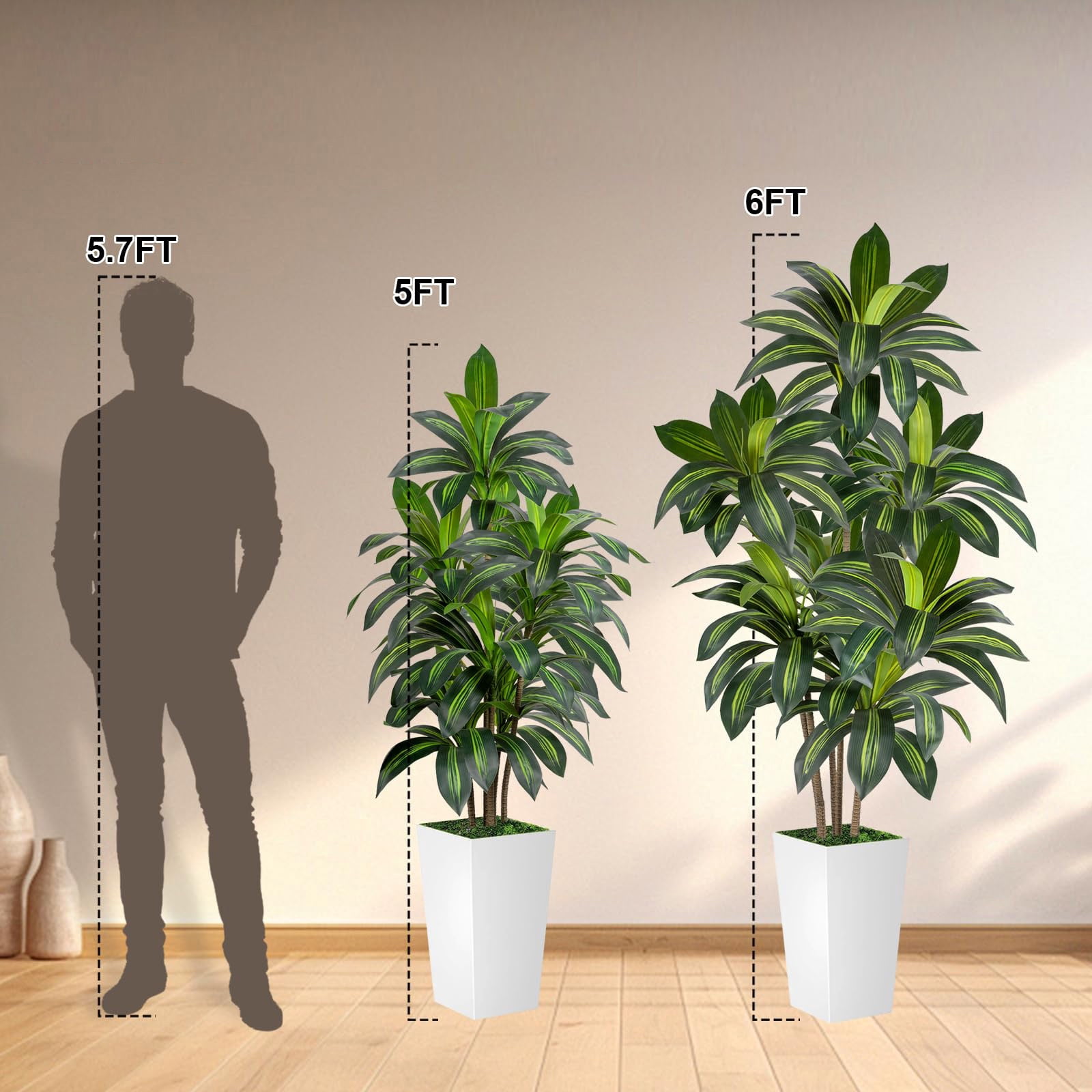 ROMSWI Dracaena Artificial Tree 5ft Tall Pre Potted Dracaena Trees with White Tall Square Planter for Indoor Outdoor Home Office Decor