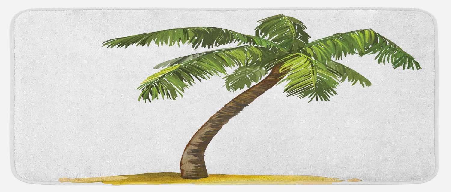 Palm Tree Kitchen Mat, Cartoon Palm Tree Image Tropical Plant and Sand Serenity Nature Foliage Print, Plush Decorative Kitchen Mat with Non Slip ...